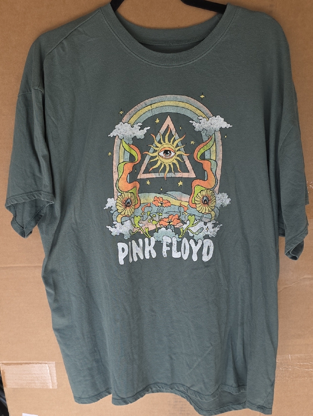 Pink Floyd Olive Green Tee with Psychedelic Rainbow Graphic